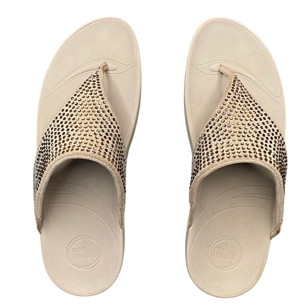 Fitflop Sandals Women Sz xx Brown Latte Rhinestone Slip-On Wedge Slides